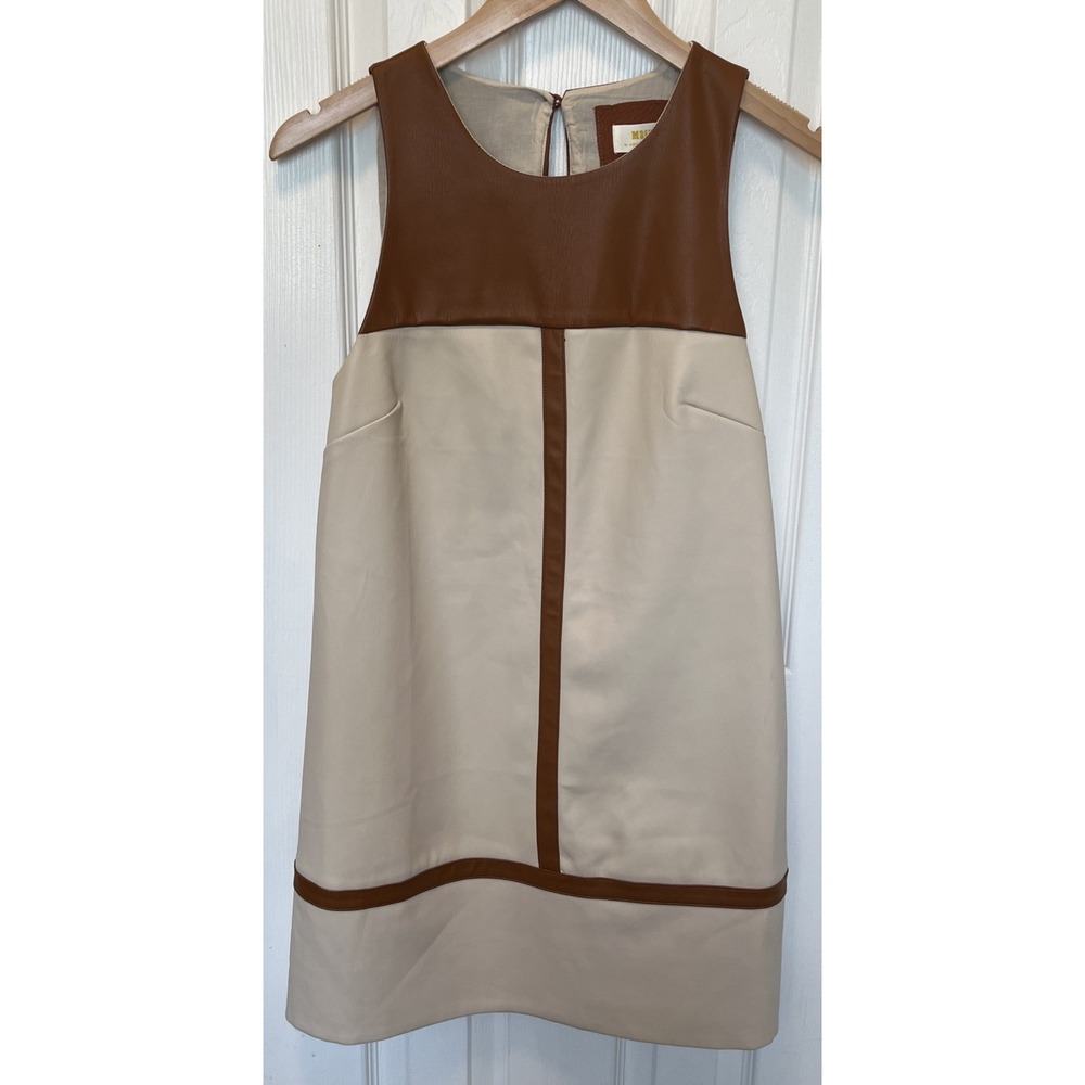 Maeve Anthropologie Faux Leather Colorblock Shift Dress Small NWT Retro Beige